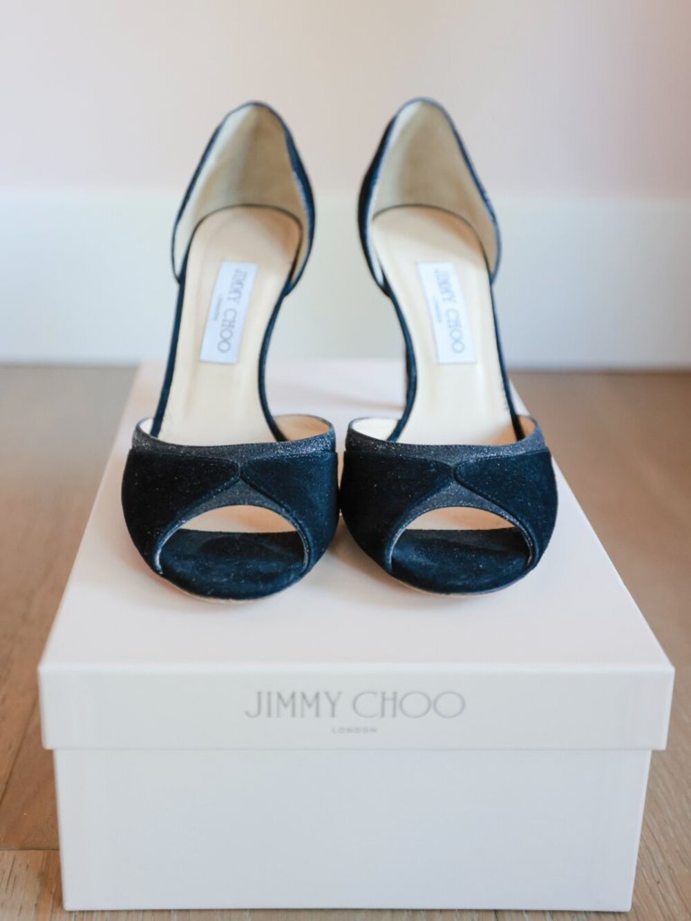 Jimmy Choo Black Suede & Sparkle Open-Toe Heels — Size 39.5 (US 9.5)